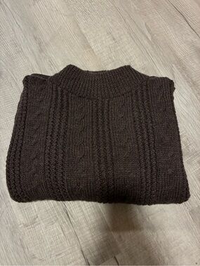 Wool hand knit Men's Dark Brown Cable Knit Sweater - Classic Mock Neck